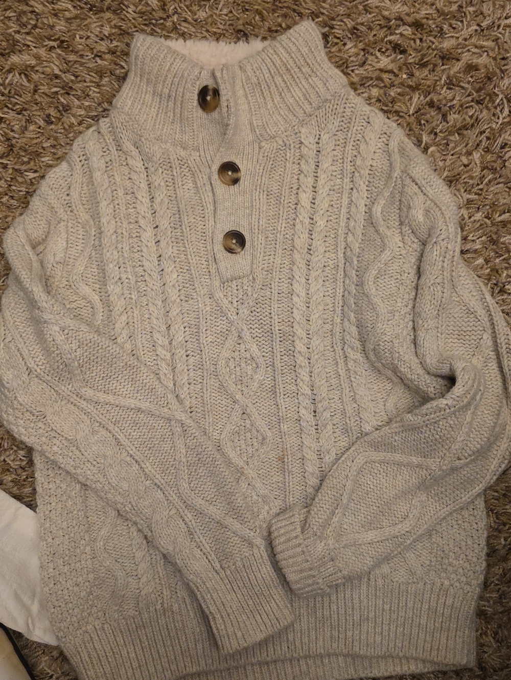 GAP Light Gray Cable Knit Button Mock Neck Sweater